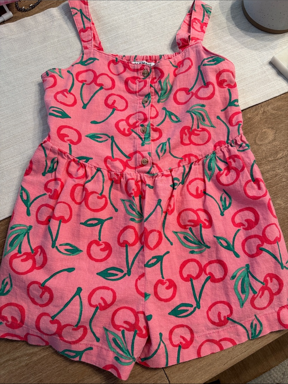Old Navy Pink Cherry Print line. Romper with Green Leaf Accents